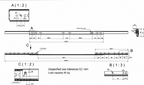 Механизм для раздвижных столов внешний синхронный со стопором L-1200мм AKS_2