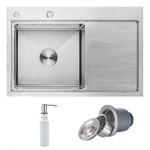 Мойка н/сталь, прямоугольная одночашевая, 780*510мм, сатин, мойка слева, врезн на/вровень столешнице, AKS (3,2мм)_1