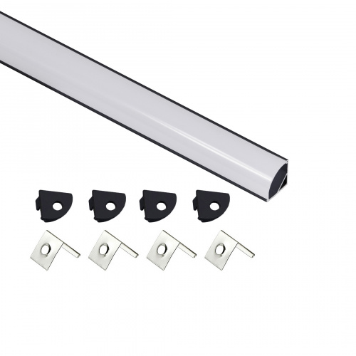 Профиль алюминиевый угловой ORION-1616C с экраном, круглый экран, цвет черный, 2м, AKS (в комплекте 4 заглушки и 4 крепления)_3