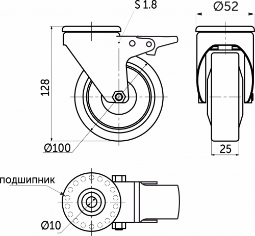 Колесо меб. TECH d100 h128 под винт М10 с торм., серый AKS_2