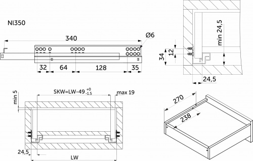 Направляющая скрытого монтажа L-350 с доводчиком ДСП до19mm насадной монтаж AKS 3/4 с фиксаторами_2