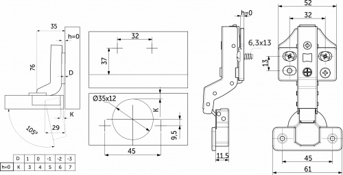Петля внутренняя с доводчиком 45мм h0 clip-on PRIME by AKS 3D (еврошурупы, заглушки) (упак. = 2 шт.)_2
