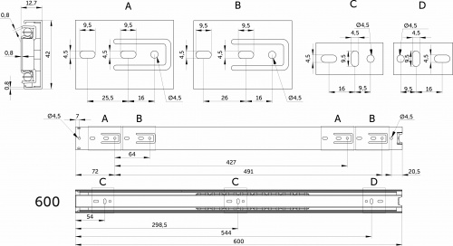Направляющая шариковая L-600 h=42 GRIDLI B_2