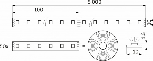 Лента светодиодная RGB - 10W/m, 24V, 10мм, 5050, 60 д/м, IP20, цветная - 5м, AKS_2