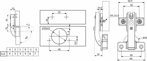 Петля под фальшпанель 90° с пружиной 45мм h2 slide-on AKS (еврошурупы)_2