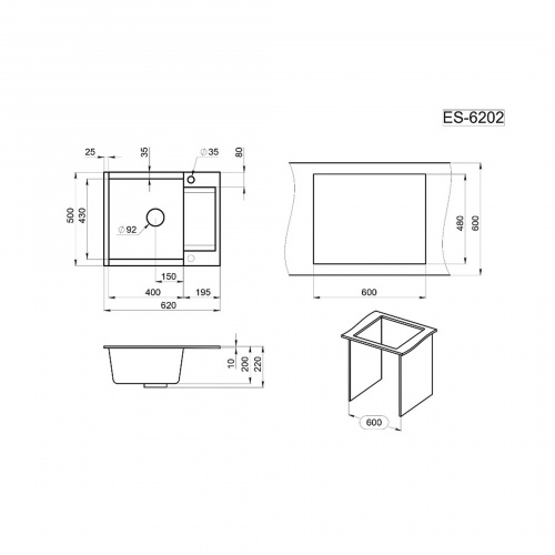 Мойка кварцевая, прямоугольная, GR-6202 Estetica, 620*500мм, графит, Granula_2