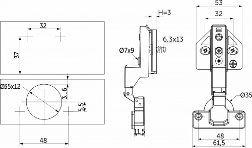 Петля внутренняя с доводчиком 48мм h3 clip-on AKS PLUS 3D (еврошурупы, заглушки)_2