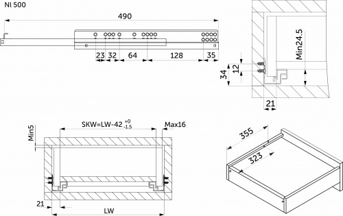 Направляющая скрытого монтажа L-500 с доводчиком ДСП до16mm насадной монтаж AKS 3/4 с фиксаторами_2