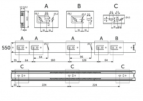Направляющая шариковая L-550 h=45 PRIME by AKS A черный_2