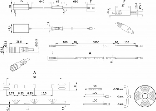 Лента светодиодная - 4,8W/m, 12V, 8мм, 2835, 60 д/м, IP20, теплый белый (3000K) - 5м, + блок питания, AKS_2
