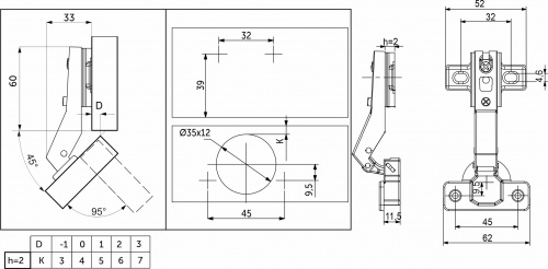 Петля угловая 45° с пружиной 45мм h2 slide-on AKS_2