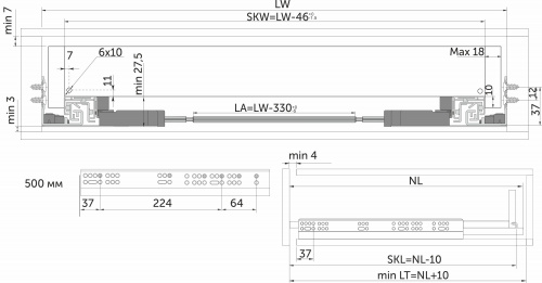 Направляющая скрытого монтажа L-500 push to open + доводчик ДСП до18mm с замками AKS SMART полное выдвижение_2