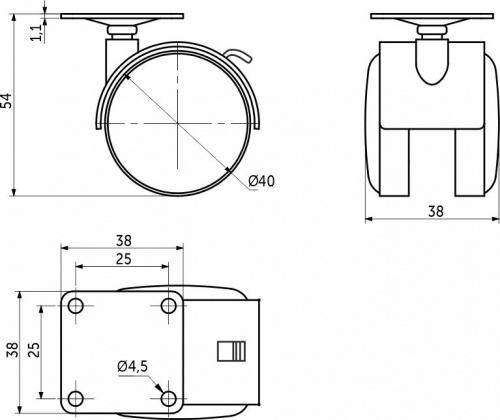 Колесо меб. пласт. d40 с площадкой с торм., серый AKS_2