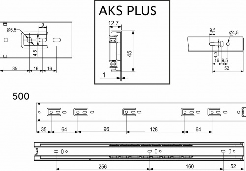 Направляющая шариковая L-500 h=45 AKS PLUS нержавеющая сталь A_2