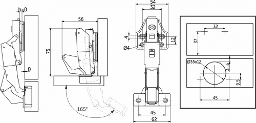 Петля 165° накладная с доводчиком 48мм h2 clip-on AKS 0-е вхождение винтовая регулировка (упак. = 2 компл.)_2