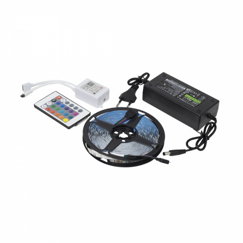 Лента светодиодная RGB - 9W/m, 12V, 10мм, 5050, 54 д/м, IP20, цветная - 5м, + блок питания + контроллер, AKS_1