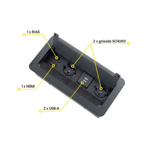 Выдвижной удлинитель 2 розетки, 1xUSB-A, 1xUSB-C, HDMI, LAN, черный, провод 1.5м, HLT_4