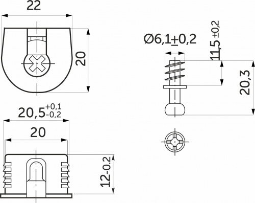 Эксцентриковая стяжка быстрого монтажа 20 мм серая + шток 6*11мм (уп/0,2тыс.шт) AKS_2