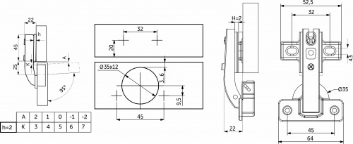 Петля под фальшпанель 90° с пружиной 45мм h2 slide-on AKS_2