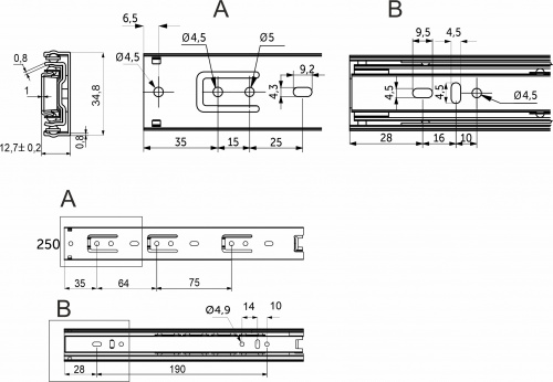 Направляющая шариковая L-250 h=35 AKS C_2