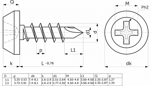 Саморез с полукруглой головкой 3,5*9,5 сверло, белый цинк (уп/1тыс.шт) AKS_2