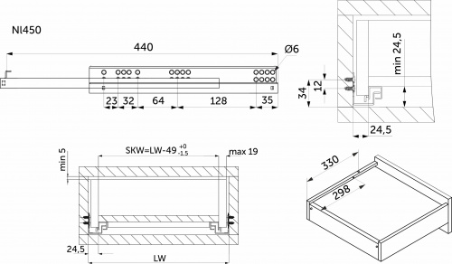 Направляющая скрытого монтажа L-450 с доводчиком ДСП до19mm насадной монтаж AKS 3/4 с фиксаторами_2