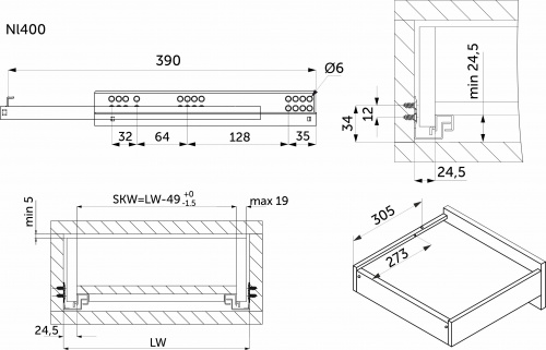 Направляющая скрытого монтажа L-400 с доводчиком ДСП до19mm насадной монтаж AKS 3/4 с фиксаторами_2