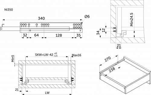 Направляющая скрытого монтажа L-350 с доводчиком ДСП до16mm насадной монтаж AKS 3/4 с фиксаторами_2