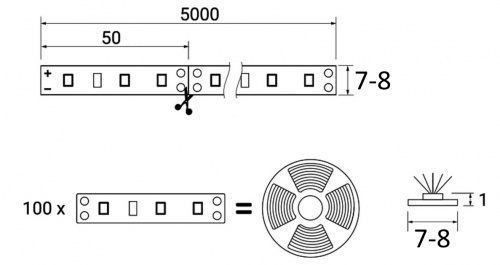 Лента светодиодная - 4,8W/m, 12V, 8мм, 2835, 60 д/м, IP20, холодный белый (6000K) - 5м, AKS_2
