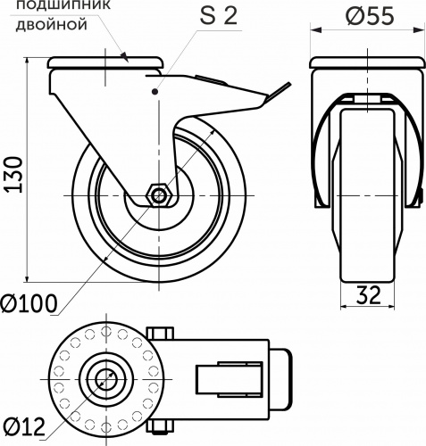 Колесо меб. d100 h130 под винт М12 c рез.ободом с торм., серый/черный AKS_2