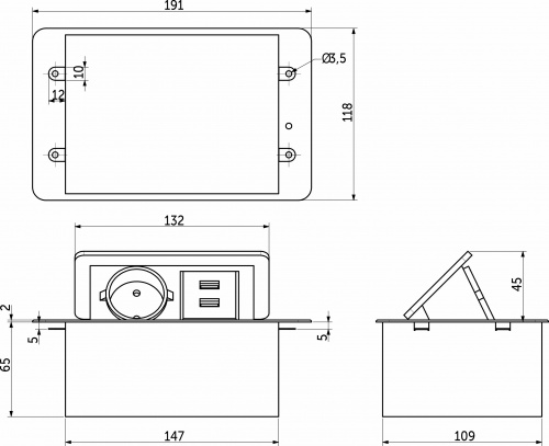 Выдвижной удлинитель Nova 4, 1 розетка, 2xUSB, черный, AKS_2