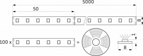 Лента светодиодная - 9,6W/m, 24V, 8мм, 2835, 120 д/м, IP20, теплый белый (3000K), CRI>80, 1100 Lm, 5м, AKS_2