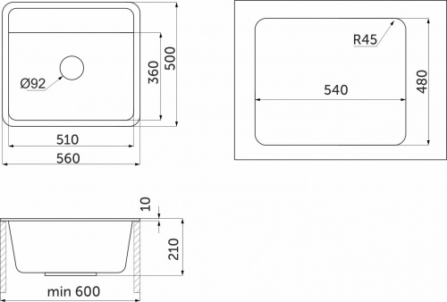 Мойка кварцевая, прямоугольная, ST-5601, 560*500мм, черный, Granula_2