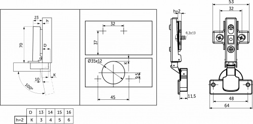 Петля накладная с доводчиком 48мм h2 clip-on AKS (еврошурупы)_2