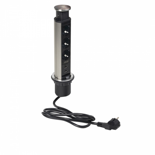 Выдвижной удлинитель Vulcan USB, 60 мм, 3 розетки 2xUSB A, крышка металл, шлиф. сталь, AKS_1