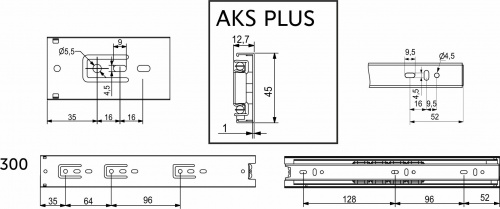 Направляющая шариковая L-300 h=45 AKS PLUS нержавеющая сталь A_2
