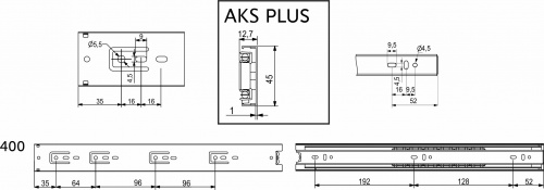 Направляющая шариковая L-400 h=45 AKS PLUS нержавеющая сталь A_2