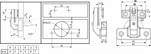 Петля под фальшпанель 90° с доводчиком 45мм h6 несъемная планка AKS короткое плечо_2