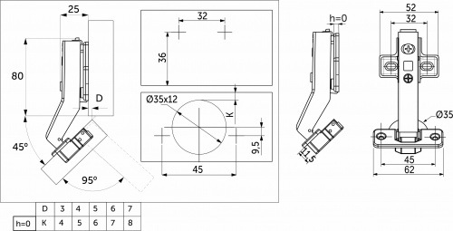 Петля угловая 45° с доводчиком 45мм h0 clip-on AKS PLUS (саморезы, заглушки)_2