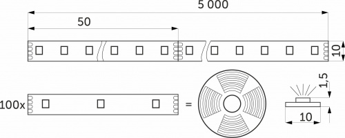 Лента светодиодная RGB - 10W/m, 12V, 10мм, 5050, 60 д/м, IP20, цветная - 5м, AKS_2