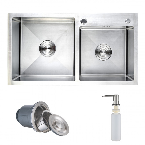 Мойка н/сталь, прямоугольная двухчашевая, 780*430мм, сатин, PVD покрытие, мойка справа, врезн на/вровень столешнице, AKS (3,2мм)_1