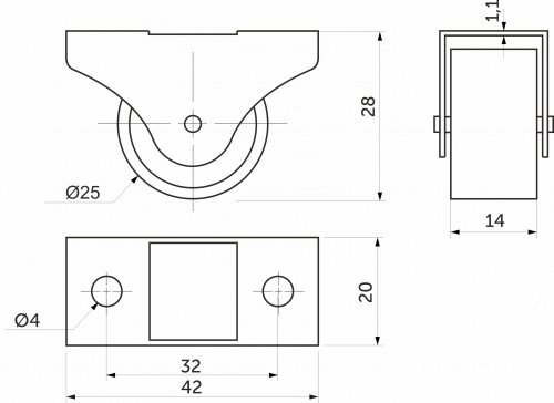 Ролик меб. с рез.ободом d25 h28 прямоходящий, серый AKS тип 2_2