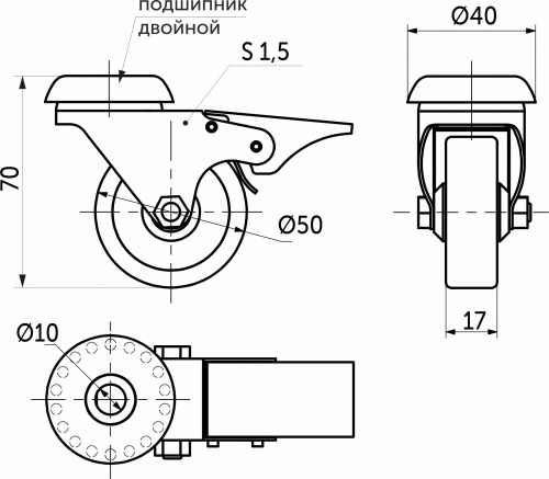Колесо меб. TECH d50 h70 под винт М10 с торм., серый AKS_2