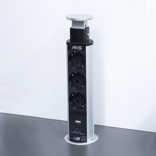 Выдвижной удлинитель Vulcan USB, 60 мм, 3 розетки, USB A + USB C, крышка пластик, алюминий, AKS_4