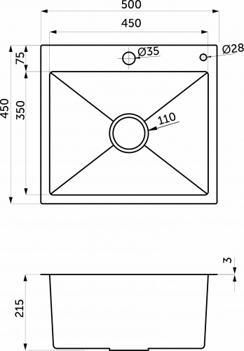 Мойка н/сталь, прямоугольная одночашевая, 500*450мм, сатин, врезн на/вровень столешнице, AKS (3,2мм)_2