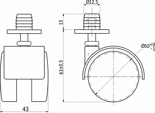 Колесо меб. пласт. d50 со штоком и втулкой, черный AKS тип2_2