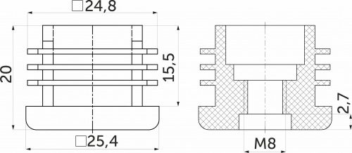 Подпятник под болт М8 для квадр. трубы 25*25 QUADRO, черный AKS_2