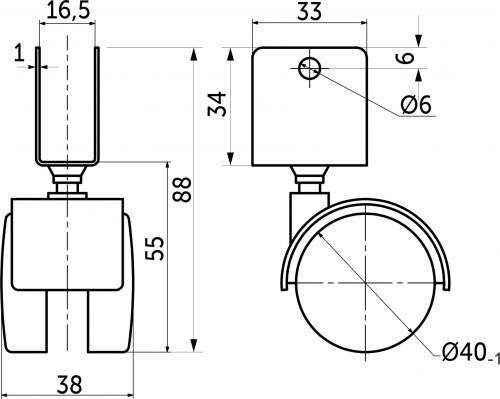 Колесо меб. пласт. d40 U-образное, черный AKS тип2_2