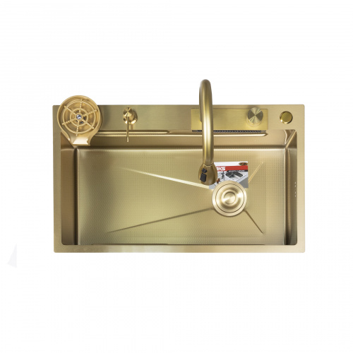 Мойка н/сталь, прямоугольная одночашевая, со смесителем, 750*450мм, соты золото, PVD, врезная на/вровень столешнице, AKS (3,2мм)_5