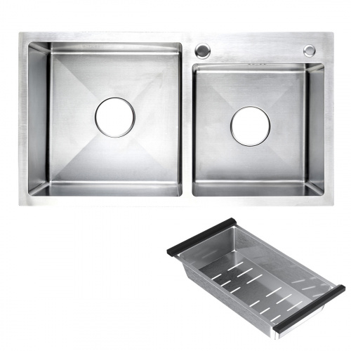 Мойка н/сталь, прямоугольная двухчашевая, 780*430мм, сатин, универсальная (3,2мм)_1